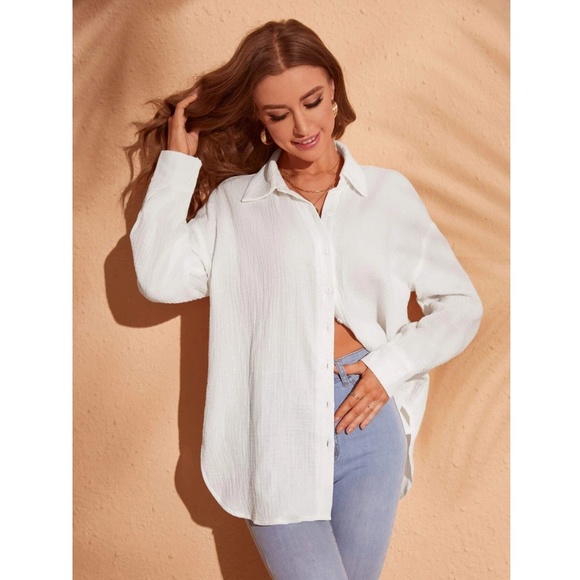 Cotton White Casual Shirt Button Down Up Long Sleeve - Picture 6 of 9